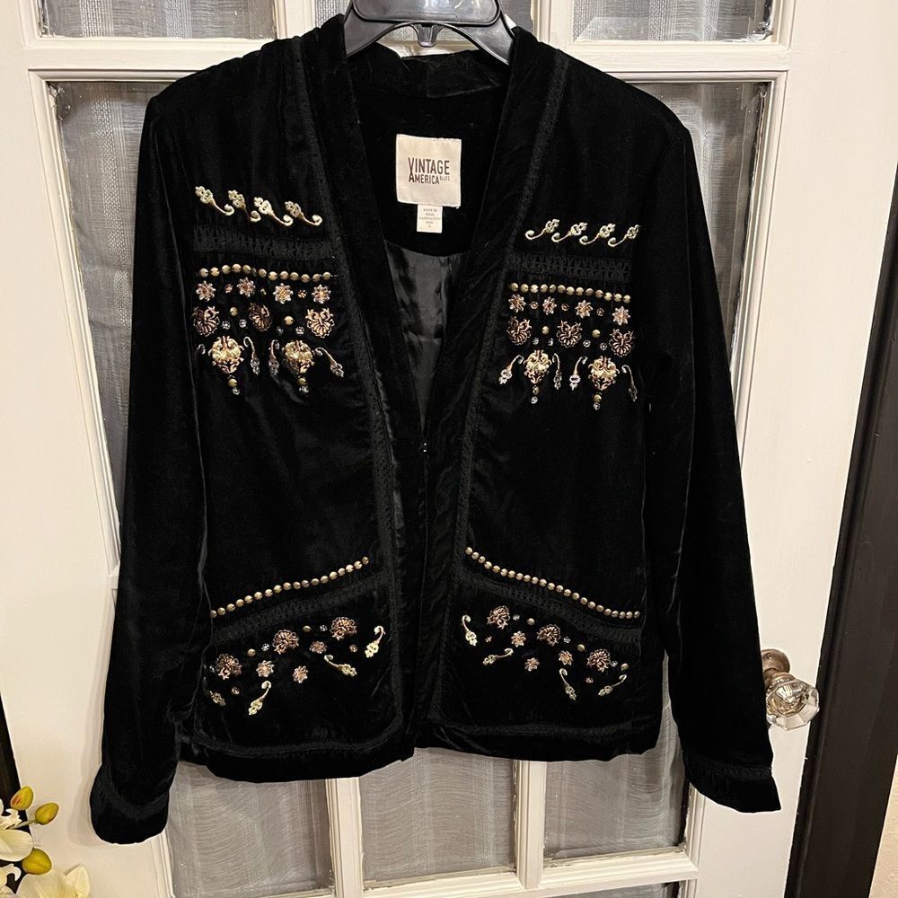 Vintage America  Blues Black Velvet Embellished Jacket - Picture 2 of 11